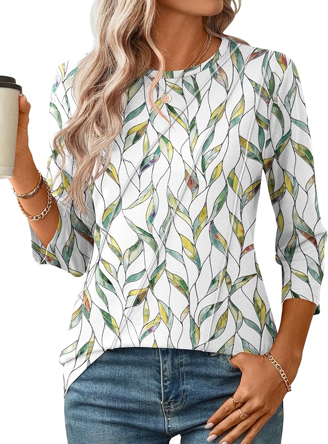 LOMON 3/4 Length Sleeve Womens Tops Spring Summer Fashion 2026 Tops Crew Neck Pleated Shirts Tunic Top Loose Fit