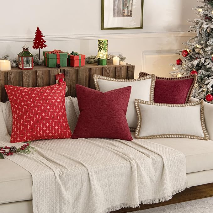 MIULEE Pack of 2 Christmas Decorative Burlap Linen Throw Pillow Covers Modern Farmhouse Pillowcase Rustic Woven Textured Cushion Cover for Sofa Couch Bed 18x18 Inch Christmas Red