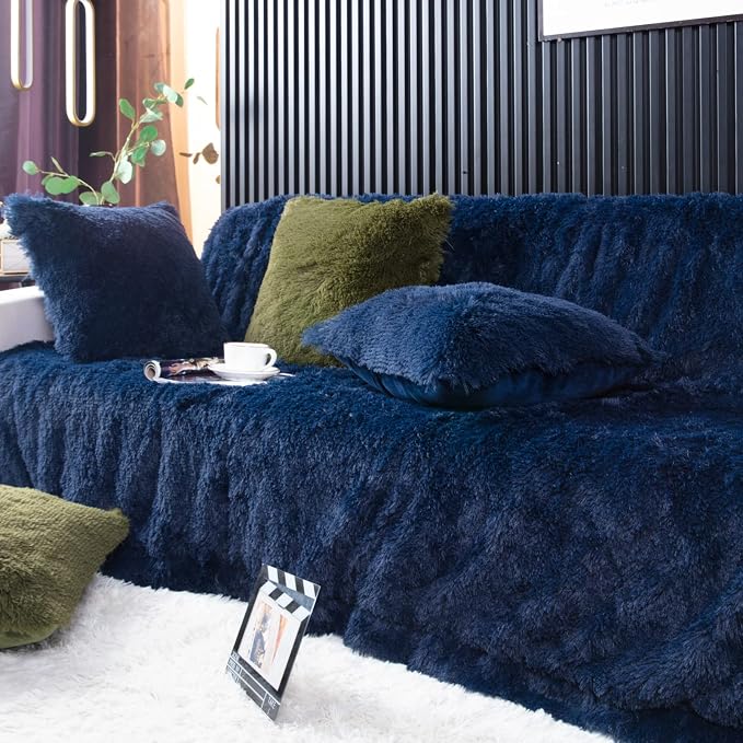 YUSOKI Long Faux Fur King Size Blanket, Navy Blue, 90" x 104" | Ultra Soft, Lightweight for All Season Use, stays fluffy after repeated washes, Perfect Gifts, Machine Washable