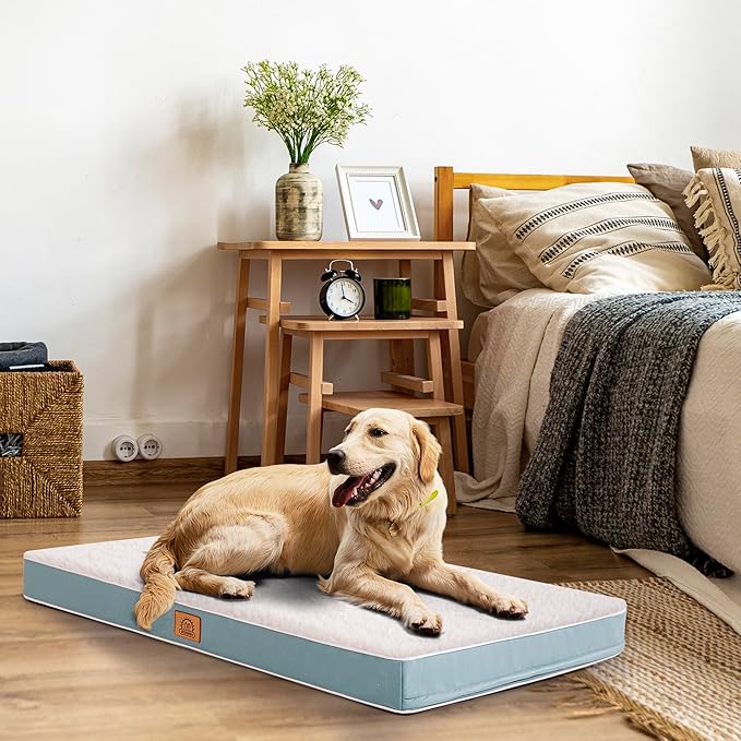 Sunheir Orthopedic Dog Beds Large Sized Dog, Big Waterproof Dog Crate Pad | Removable Washable Cover, Egg Crate Foam Support, Anti-Slip Bottom, Easy-Clean, Soft Plush Large Pet Bed Mat for Crate, Blue