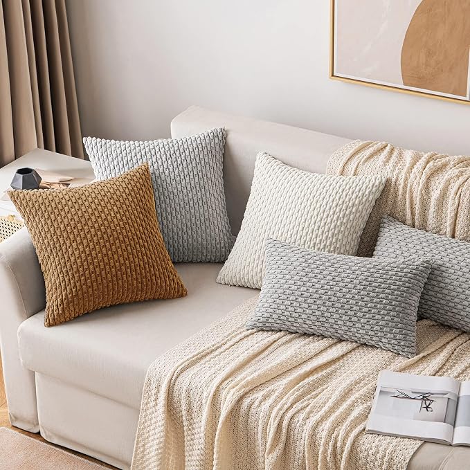 MIULEE Decorative Throw Pillow Covers 20x20 Light Coffee Textured Corduroy | Pack of 2 Striped Pillow Covers Modern Farmhouse Fall Home Decor for Couch Bed Sofa Living Room