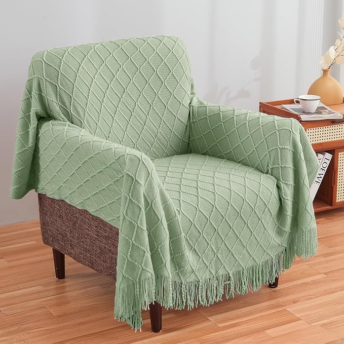 inhand Basil Green Knitted Throw Blanket for Couch and Bed, 50"x60" | Throws for Her or Him, Soft Farmhouse Woven Blanket, Tassel, Lightweight Decorative, Cozy Knit, Warm Living Room Home Decor