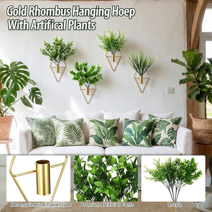 Hanaive 4 Sets Boho Wall Decor Metal Wall Art Hanging Planters with Artificial Pampas Display Modern Home Vase for Bedroom Home Office(Brisk,Green)