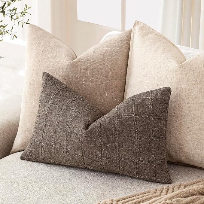 Foindtower Set of 2 Decorative Linen Check Throw Pillow Covers Neutral Farmhouse Lumbar Cushion Covers Modern Boho Home Decor for Sofa Chair Couch Bedroom Living Room,12×24 Inch,Dark Brown