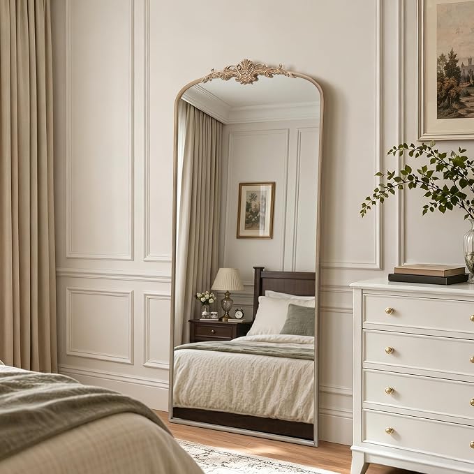 Besdomus Antique Mirror Full Length: 26"x63" Champagne Arched Body Mirrors | French Floor Standing Metal Framed - Vintage Baroque Traditional Ornate - Ideal for Foyer/Cloakroom/Bedroom/Dressing Room