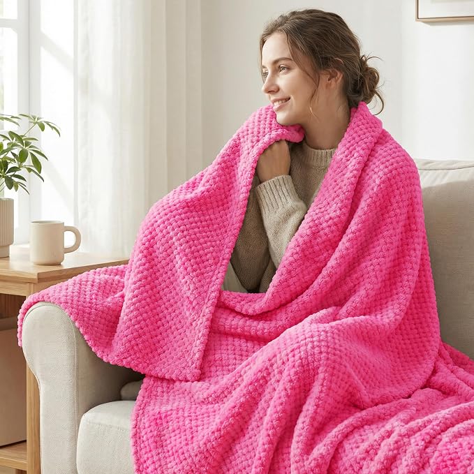 Exclusivo Mezcla Soft Waffle Fleece Bed Blanket Twin XL Size, Hot Pink | Lightweight Plush Blanket for Bed, Couch, Sofa, Cozy Fluffy Design for Bedroom, Guest Room, All Season, 90x66 Inches