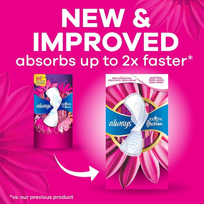 Always Radiant Feminine Pads for Women, Flexfoam Pads with Wings, Size 1, Regular Absorbency, Lightly Scented, 42 Count
