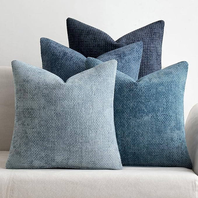 MIULEE Soft Decorative Chenille Pillow Covers Blue Series 18x18 Pack of 4 | Modern Coastal Decor, Blue Gradient Set, Couch Throw Pillows, Farmhouse Boho Cushion Covers for Sofa Bed Living Room