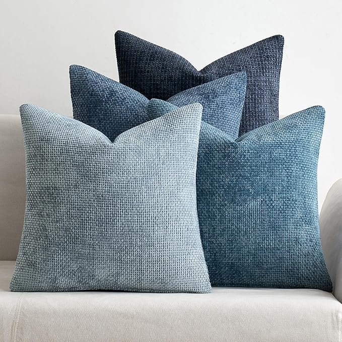 MIULEE Decorative Chenille Euro Pillow Covers Blue Series 24x24 Pack of 4 | Modern Coastal Decor, Blue Gradient Set, Couch Throw Pillows, Farmhouse Boho Cushion Covers for Sofa Bed Living Room