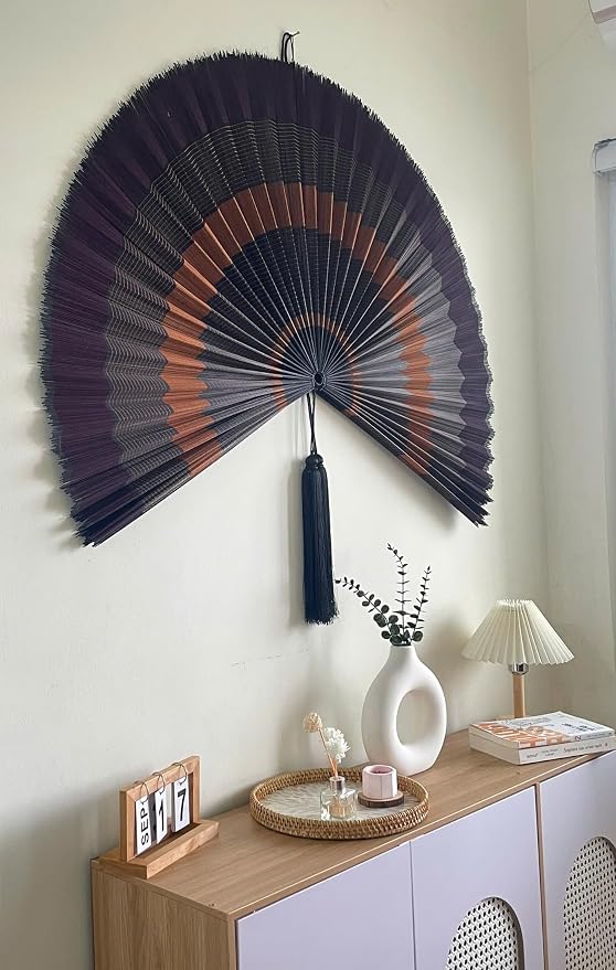 ChumDecor Bamboo Fan Wall Decor, Japanese Wall Fan Decoration, Ebony 60 in | Giant Oversized Oriental and Asian Style Hanging Decoration for Above the Bed Headboard or a Tall Stairwell Landing
