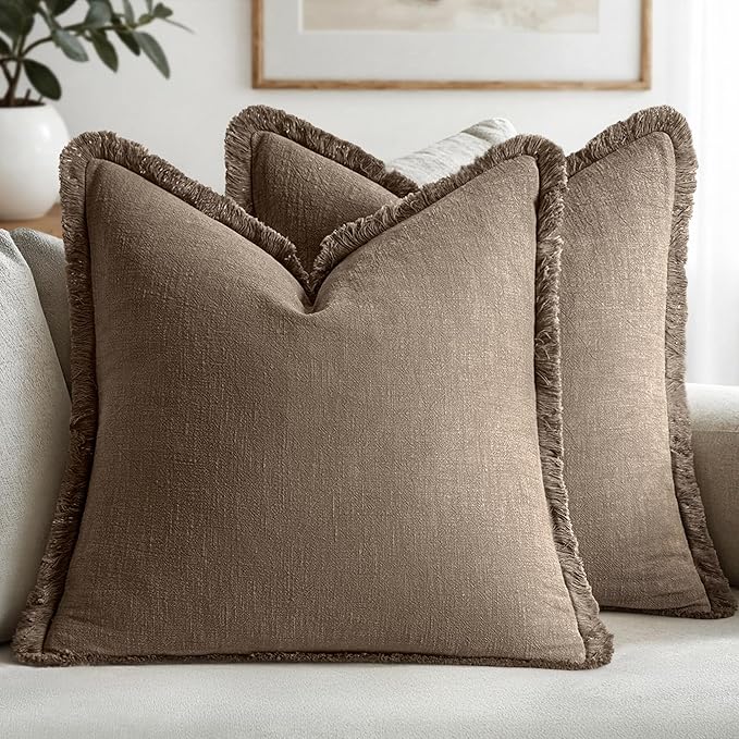 MIULEE Linen Fringe Decorative Fall Throw Pillow Covers Cocoa Brown 18x18 | Set of 2, Cottagecore Decor, Boho Farmhouse Neutral Pillow Covers, Rustic Fall Couch Cushion Cases for Sofa Bed Living Room