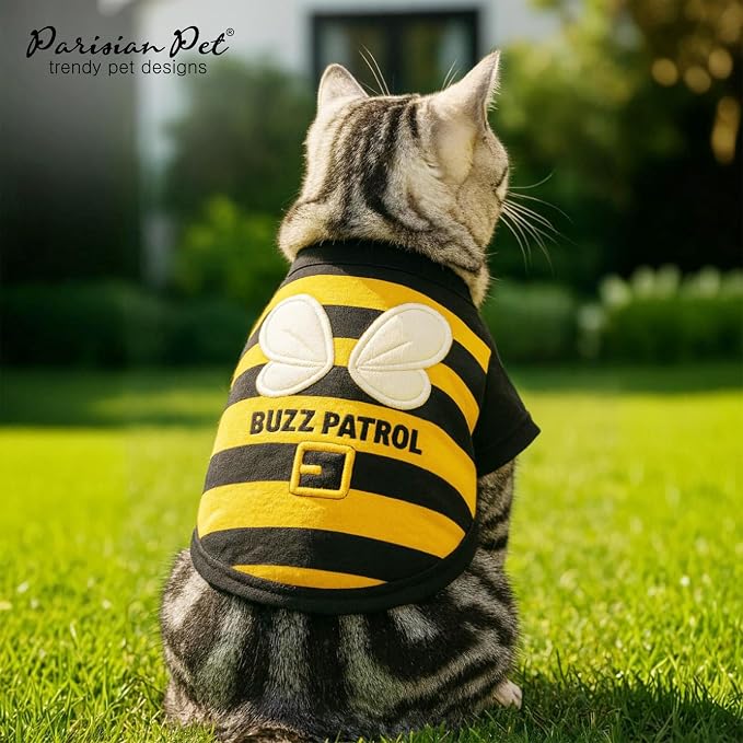 Parisian Pet Dog Buzz Patrol Bee Shirt - Embroidered Pet Vest - 100% Cotton & Polyester Doggy Shirt - Lightweight Pet Clothes - Sleeved Puppy Costume - Funny Shirts for Small Dogs - L