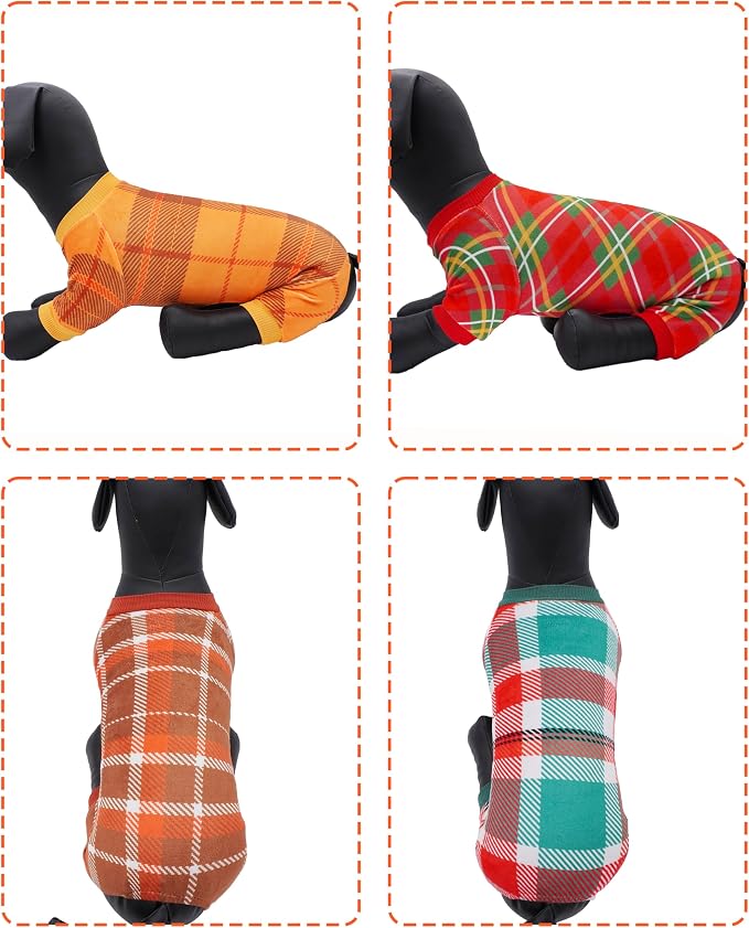 PET SHOW 4 Pack Fleece Dog Pajamas Plaid for Medium Dogs | Soft stretchy dogs onesies,boy girl pjs with sleeve,holiday jumpsuit costume for small pets,M