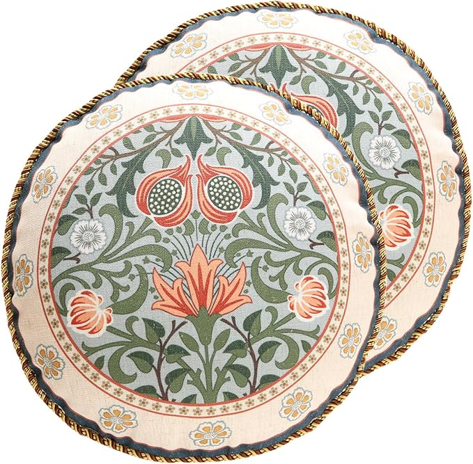 Vintage Linen Throw Pillow Cover,Set of 2,Diameter 16"-Naples B | Designer Elegant Round Pillow Cover,Concealed Zipper Design,Floral Pattern,Sofa,Bedroom,Living Room,Lounge Chairs