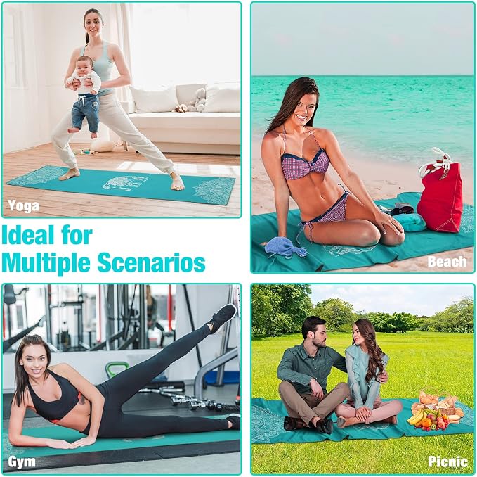 MoKo Yoga Towel, Non Slip Hot Yoga Mat Yoga Blanket Printing Pattern Quick Dry with Corner Pocket for Bikram, Pilates, Gym Workout, Outdoor Picnic, Lake Blue & Elephant