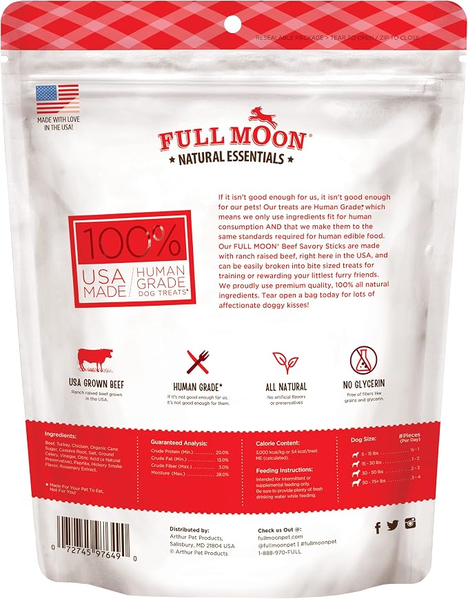 Full Moon All Natural Human Grade Dog Treats, Essential Beef Savory Sticks, 22 Ounce, 1.375 Pound (Pack of 1) | Human Grade, No corn, No wheat, No soy, Glycerin Free, Made in the USA