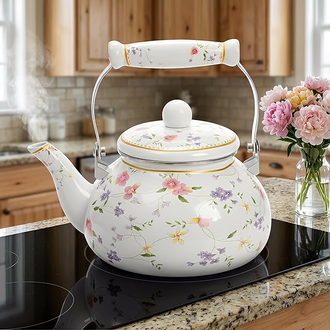 Jucoan Vintage Enamel Tea Kettle, 2.6 Quart Floral Enamel Water Kettle Teapot with Porcelain Handle for Stovetop Home Kitchen Camping, Housewarming Wedding Bridal Shower Mother's Day