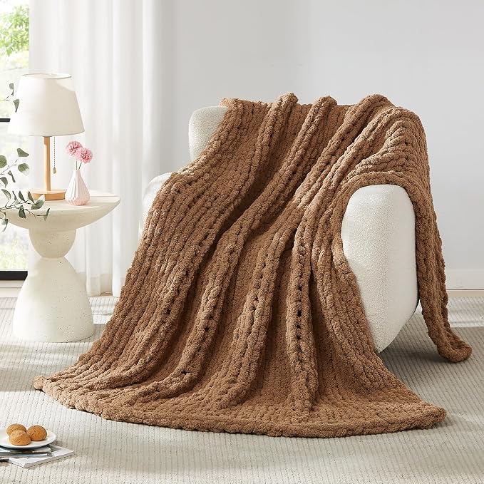 L'AGRATY Chunky Knit Throw Blanket for Couch, 60'' x 80'' Knit Throw, Brown | Handmade Chenille Crochet Blanket for Sofa Bed, Thick Cable Knitted Blankets for Room Home Decor, Birthday Gift for Women Mom