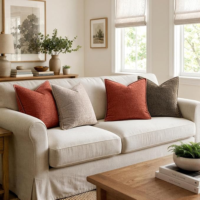 MIULEE Decorative Couch Throw Pillow Covers 18x18 Inch Taupe 2 Pack | Farmhouse Pillow Covers with Stitched Edge, Soft Chenille Cushion Cases, for Sofa Bed Living Room Home Decor