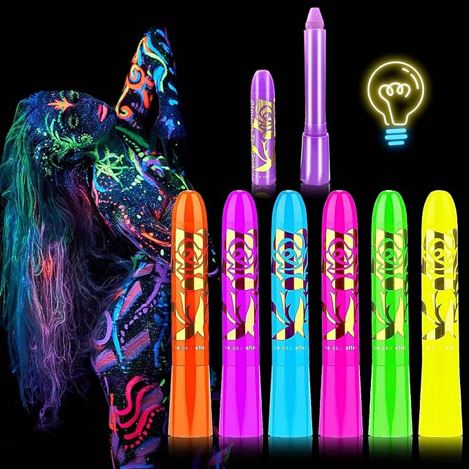 6 PCS Glow in The Dark Face Body Paint Crayons Kit,Professional Neon Face Paint Sticks Long Lasting Waterproof Glow in The Dark Party Supplies for Masquerades Halloween Party Makeup