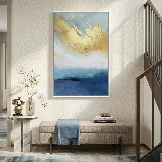 Large Framed Blue Gold Abstract Wall Art, Modern Vertical Canvas Prints Paintings Artwork for Walls, Minimalist Contemporary Pictures Wall Decor for Living Room Dining Room Bedroom Hallway 32x48 In