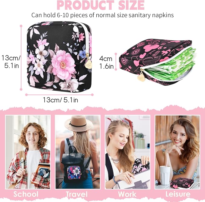 Period Bag for Girls Polyester Period Pouch Pad Bag First Period Kit for Teen Pads/Sanitary Napkins/Small Tampons, Feminine Hygiene Organizer for Women (Pink Flowers)