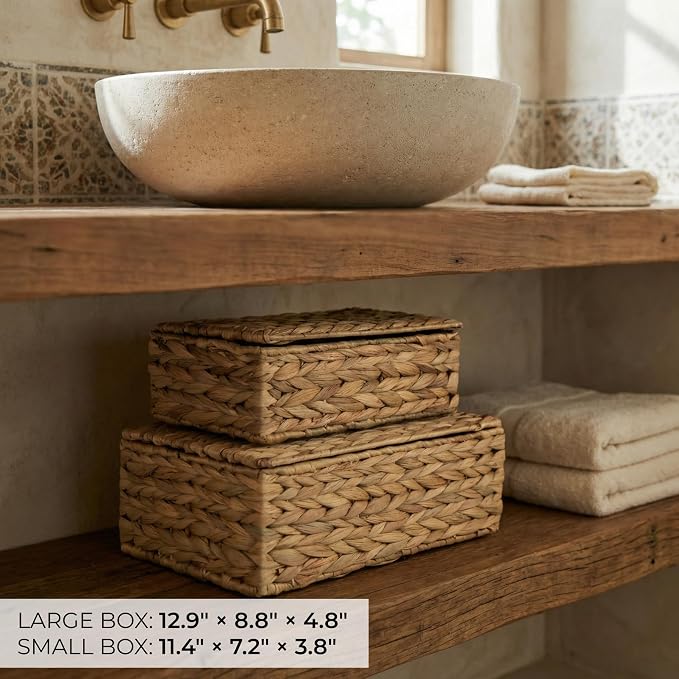 ZICOTO Decorative Storage Boxes with Lids - Set of 2 Wicker Organizer Bins | Beautiful Rattan Design for Shelves and Home Decor - Safely Store Photos, Documents and Memory Box Keepsakes in Style