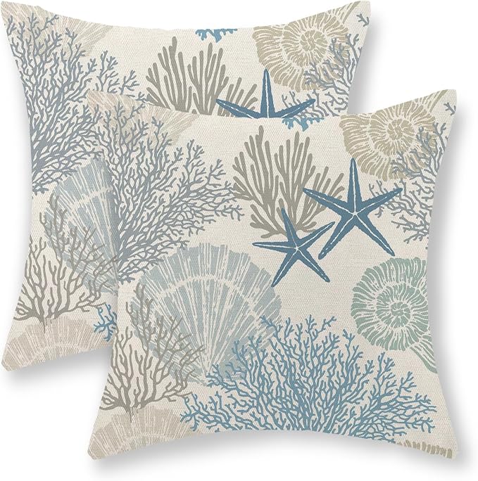 Nautical Coastal Pillow Covers 18x18 Set of 2 Blue Beach Themed Ocean Seashell Coral Starfish Throw Pillows Summer Outdoor Decorative Pillow Cases Linen Cushion Case for Home Bedroom Decor