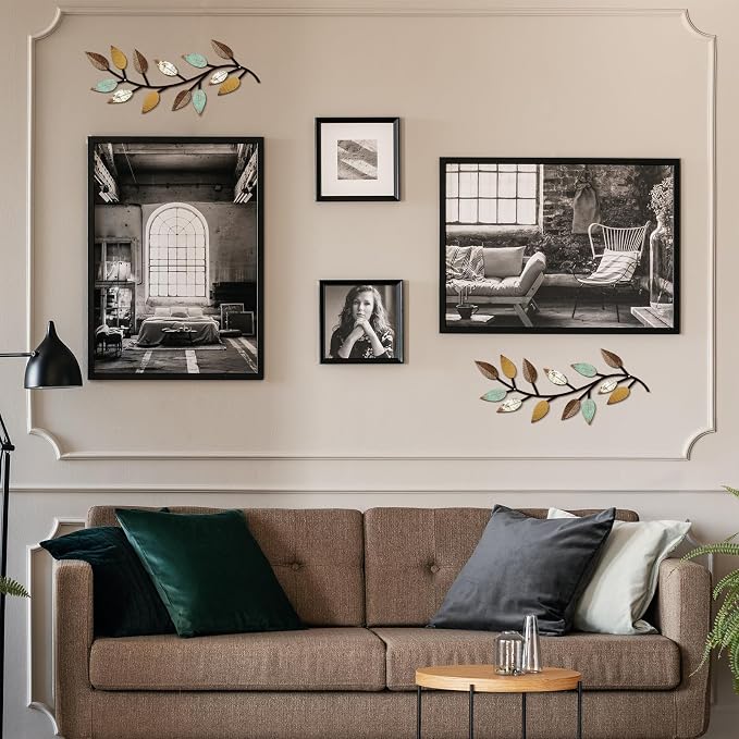 Zhengmy 2 Pcs Metal Leaf Wall Art Vine Branch Decor,Bright Colors | Olive Branch Metal Decor for Living Room Hallway, Symmetrical Leaf Pair for Doorway Entryway, Lightweight Hanging Art Design