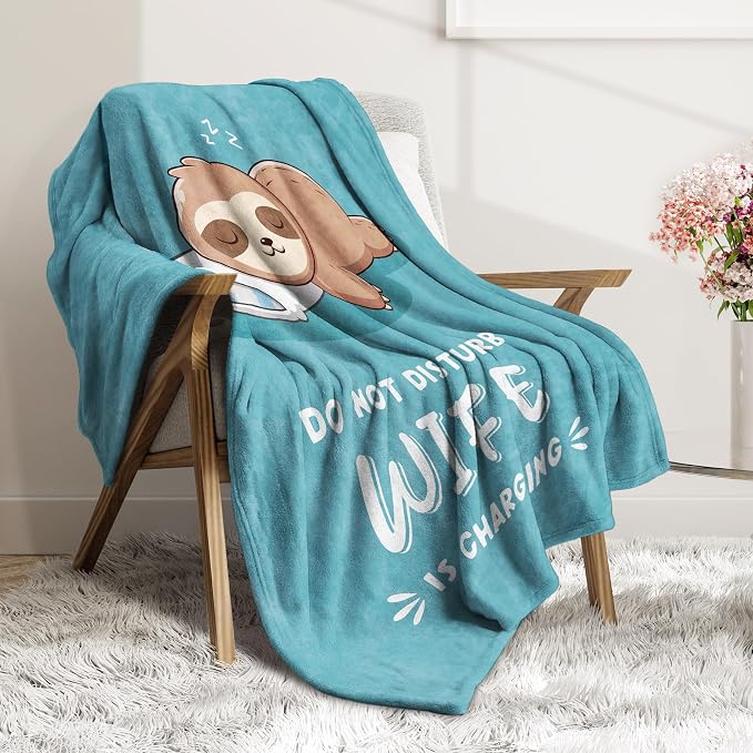 Leebbsin Funny Gifts for Wife, Anniversary Wedding Gifts for Wife | Wife is Charging Sloth Blanket 60" x 80", Cyan, Christmas Mothers Day Birthday Gift for Wifey from Husband