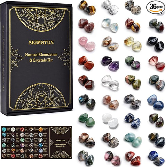 Polished Healing Crystal Stones Set, 36 Different Natural Gemstone Types, 2.5 lbs of 0.8" Tumbled Decorative Rocks Collection for Chakra, Meditation, Reiki, Energy Work, Crafts, Gifts