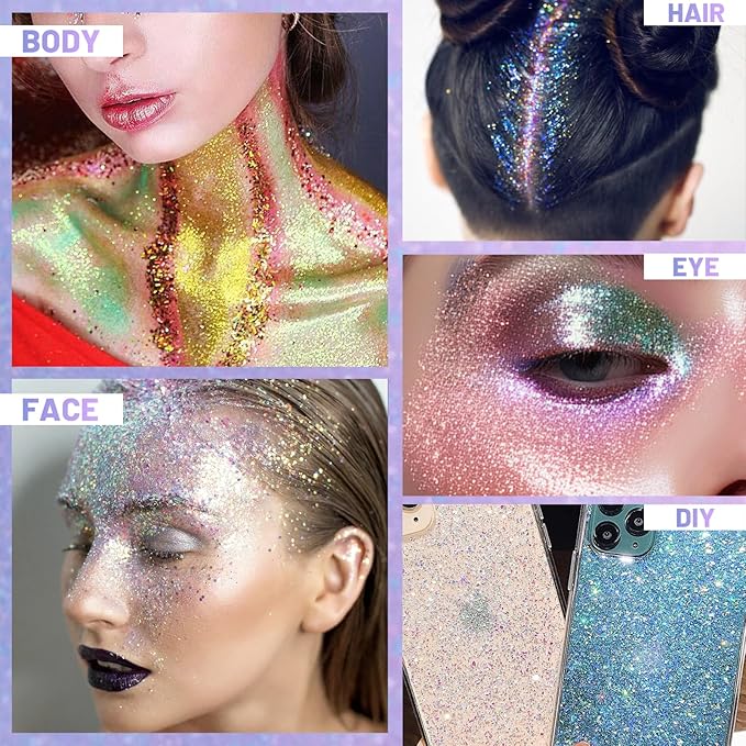 DAGEDA 2Colors Roll-on Body Glitter Gel for Body, Hair, Face, Holographic Glitter Makeup for Rave Accessories, Body Shimmer Hair Glitter Gel for Halloween Makeup(Pink + Ocean Glow)