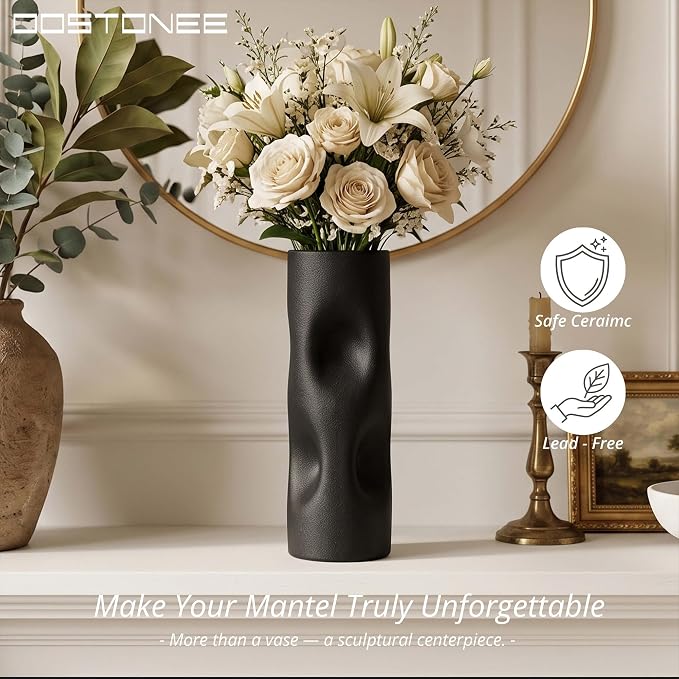 11 Inch Black Matte Ceramic Vase – Tall Flower Vase, Modern Geometric Decorative Accent for Living Room, Shelf, or Coffee Table