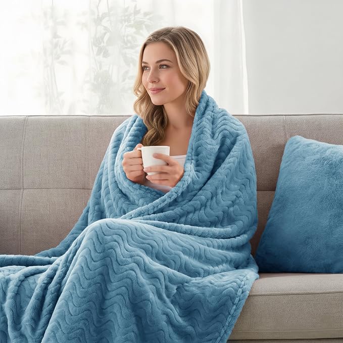 Exclusivo Mezcla Soft Fleece Throw Blanket for Couch, Cozy Lightweight Blankets with Decorative Wave Textured Suitable for All Season Use, Slate Blue, 50x70 Inches | 50"x70" Soft Breathable Lightweight Flannel Throws for Summer, Plush Cozy Jacquard Wav...