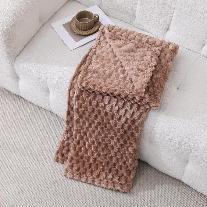 Light Brown Fleece Throw Blanket 60”×80” for Couch Sofa Bed Super Soft Cozy Plush Microfiber Flannel Blanket with 3D Jacquard Decorative Lightweight for Mom Woman