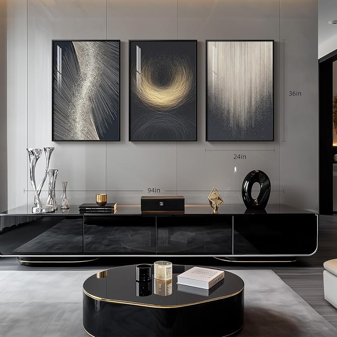 Large Framed Black and Gold Modern Luxury Abstract Wall Art for Living Room, 3 Piece Brights Prints Paintings Artwork for Walls, Sparkle Pictures for Entryway Dining Bedroom Wall Decor 24x36 In