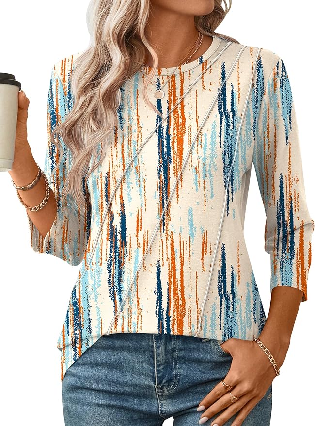 LOMON 3/4 Length Sleeve Womens Tops Spring Summer Fashion 2026 Tops Crew Neck Pleated Shirts Tunic Top Loose Fit