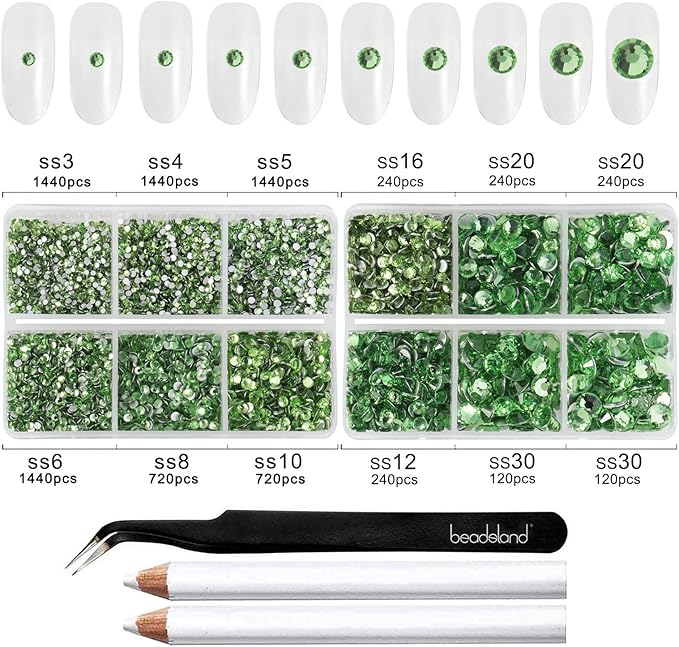 Beadsland 8300PCS Flatback Rhinestones, Light Green Rhinestone Nail Gems Round Crystal Rhinestones for Crafts, Mixed 10 Sizes with Wax Pencil and Tweezer Kit, SS3-SS30, Peridot