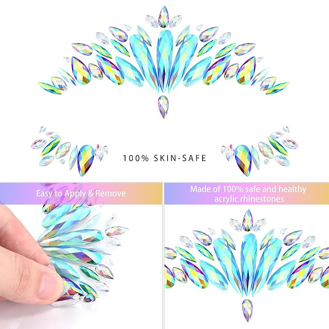 SAOROPEB Face Gems - 6 Sets Mermaid Face Jewels Temporary Tattoo Stickers Acrylic Crystal Glitter Stickers Waterproof Eye Gems Stick On Rainbow Tears Rhinestone for Party, Rave Festival