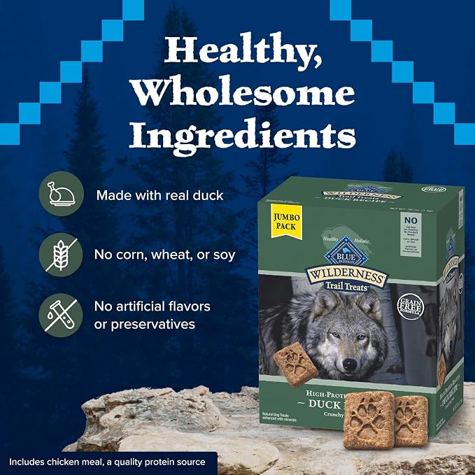 Blue Buffalo Wilderness Trail Treats Duck Crunchy Dog Biscuits, 36 oz | Real Duck #1 Ingredient, High Protein & Grain-Free Dog Snacks, Great for Training, No Artificial Preservatives