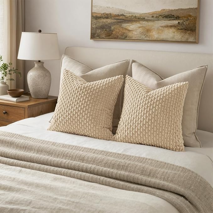 MIULEE Decorative Throw Pillow Covers 20x20 Beige Textured Corduroy | Pack of 2 Striped Pillow Covers Modern Farmhouse Home Decor for Couch Bed Sofa Living Room