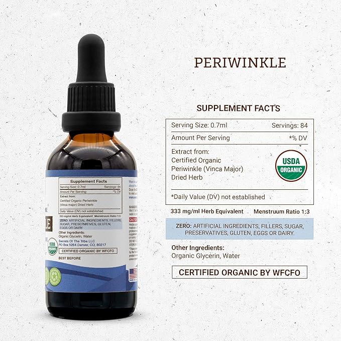 Secrets of the Tribe Periwinkle USDA Organic | Alcohol-Free Extract, High-Potency Herbal Drops | Made from 100% Certified Organic Periwinkle (Vinca Major) Dried Herb (2 oz)