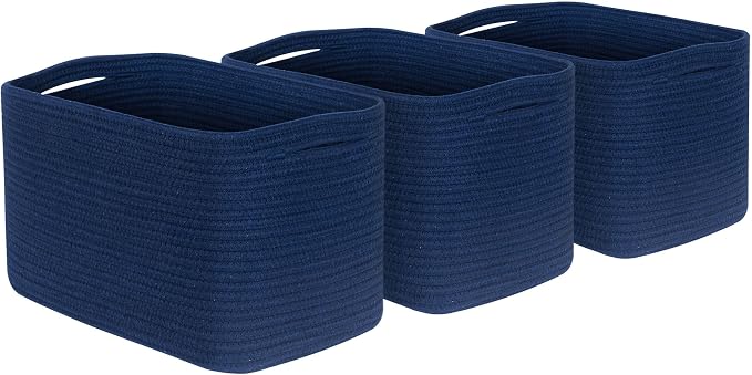 3-Pack Decorative Woven Storage Baskets for Shelves, Cube Bin Box for Organizing Books, Shoes, Dog Toys, Pantry Closet and Living Room Organizer, Navy Blue