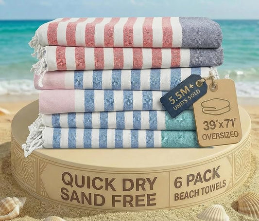 LANE LINEN Beach Towels 6 Pack, Bulk Beach Towels Oversized, Pool Towels for Adults, Pre-Washed, Sand Free Beach Towel, Fast Drying Beach Towel, 39"x71" - Diamond Multi Stripe