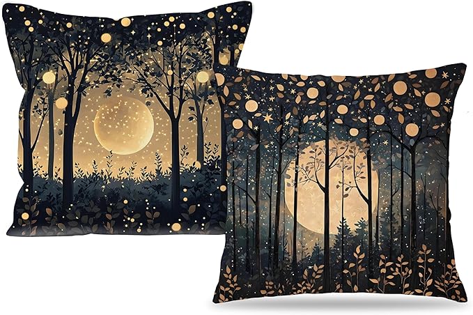 Rustic William Morris Inspired Gold Moon Pillow Covers 18x18 Set of 2,Vintage Black and Gold Moon Forest Botanical Nature Landscape Decorative Throw Pillow Covers for Home Bedroom Living Room