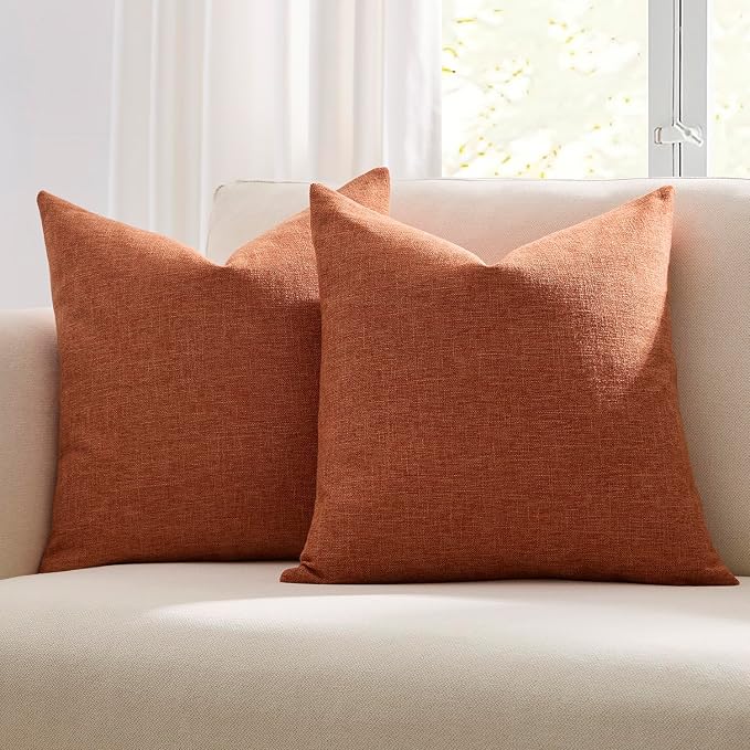 Meekio Set of 2 Burnt Orange Throw Pillow Covers 18x18, Fall Linen Blend Decorative Pillow Covers for Couch Sofa Bed, Fall Decorations for Home