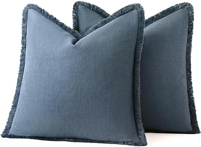 MIULEE Linen Fringe Decorative Euro Throw Pillow Covers Blue Ashes 24x24 | Set of 2, Cottagecore Decor, Boho Farmhouse Coastal Pillow Covers, Rustic Couch Cushion Cases for Sofa Bed Living Room