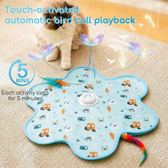 Interactive Cat Toys, Rechargeable with Auto Play and Bird Chirps | 3-in-1 hide and seek mat with fluttering butterfly, moving feather and plush tail. Perfect for indoor adult cats and kittens