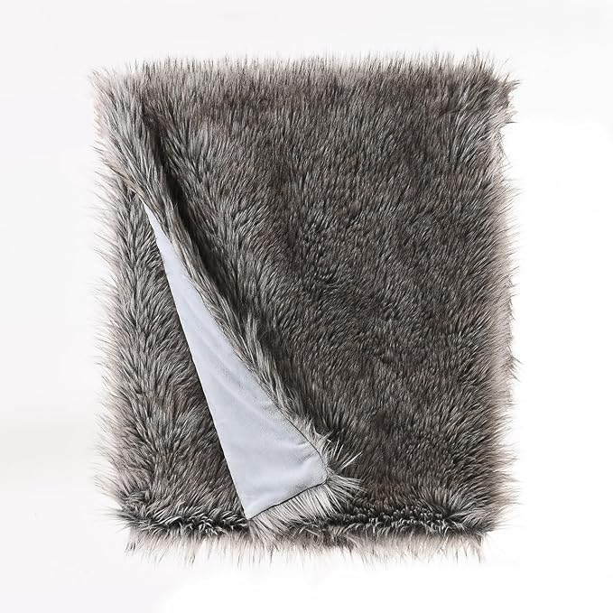 HORIMOTE HOME Luxury Plush Faux Fur Throw Blanket, Long Pile Grey with Black Tipped Blanket, Super Warm, Fuzzy, Elegant, Fluffy Decoration Blanket for Couch, Armchair, Sofa and Bed, 50''x 60''