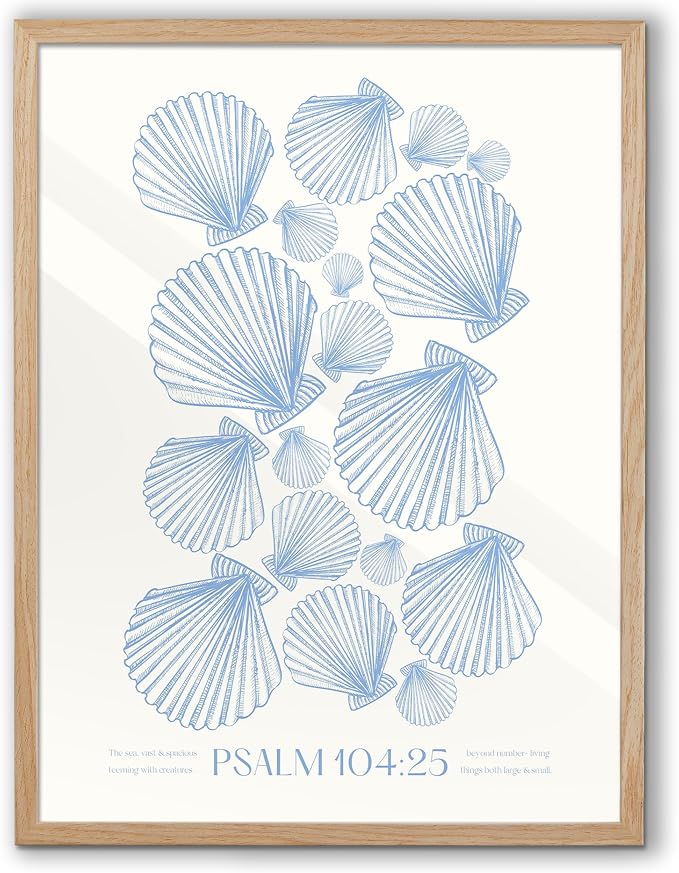 EcoHest 18x24 in Psalm 104:25 Coastal Seashell Framed Christian Wall Art | Solid Oak Wood Frame with Canvas Wall Art, Scripture Bible Verse Decor for Bedroom, Living Room, Office, Church, 1Pack